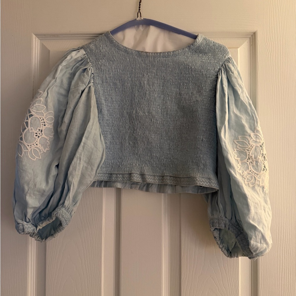 Fanm Mon Light Blue Cropped Blouse  Embroidered Puff Sleeves